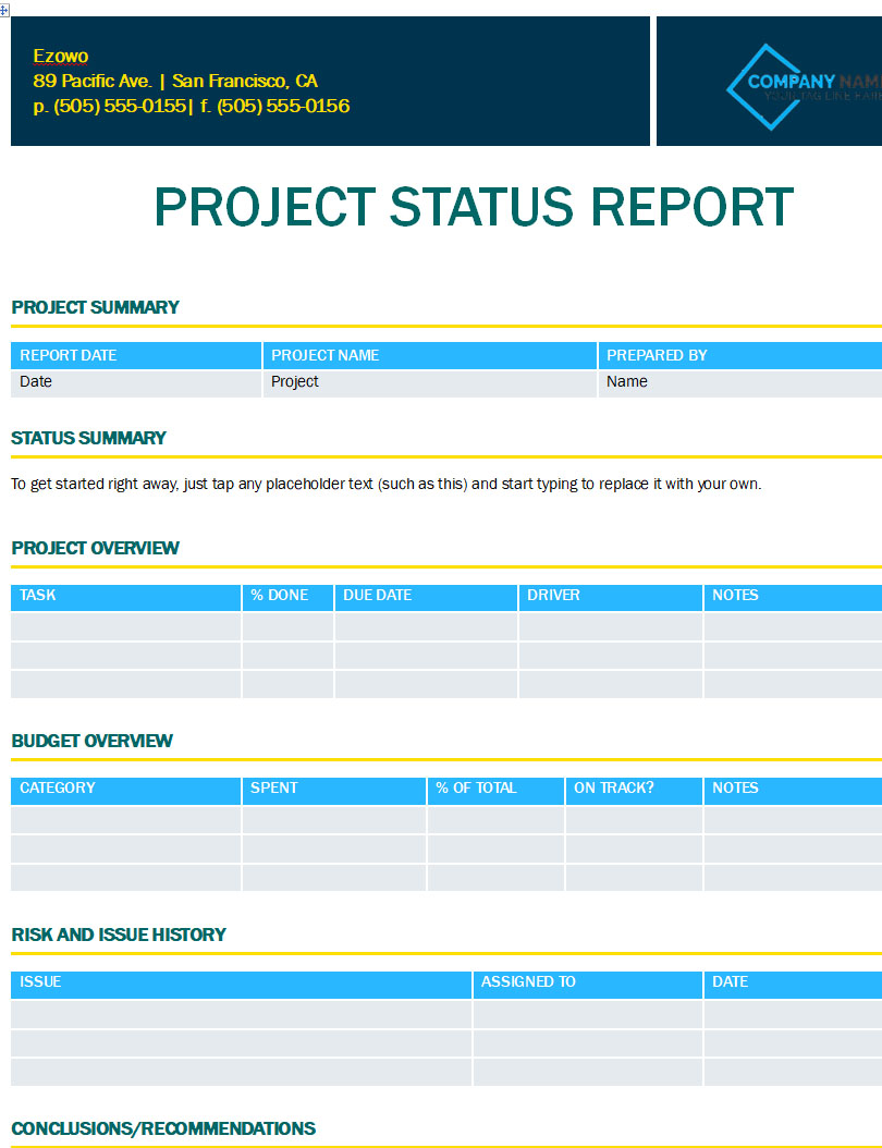 Download Project Status Report Template Excel