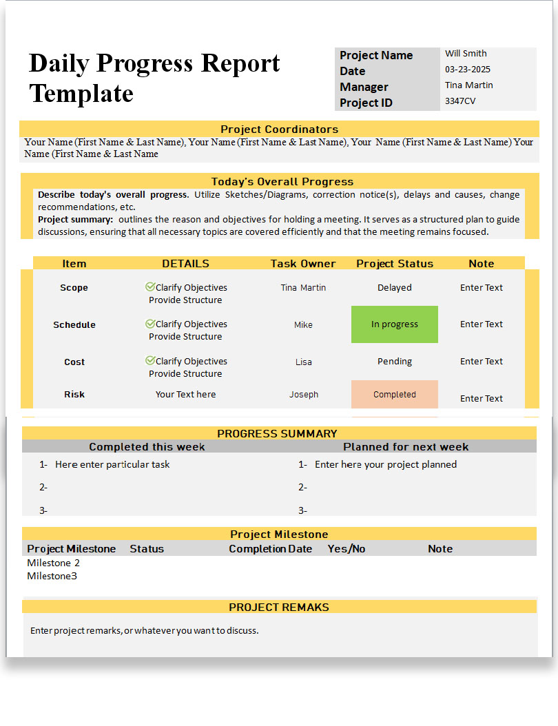 Download Project Status Report Template Excel