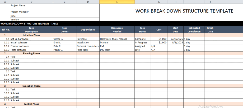 Work Breakdown Structure Template Excel – Project Planning & Task ...