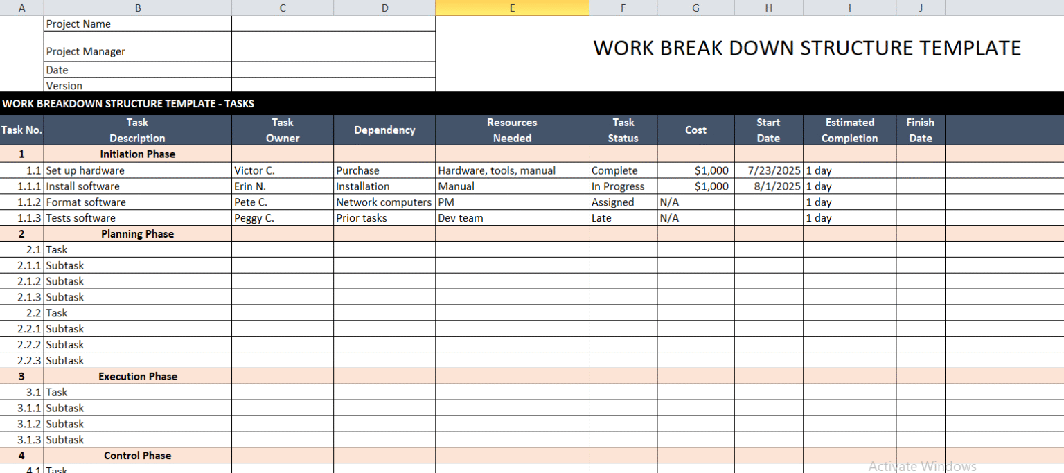 Work Breakdown Structure Template Excel – Project Planning & Task ...